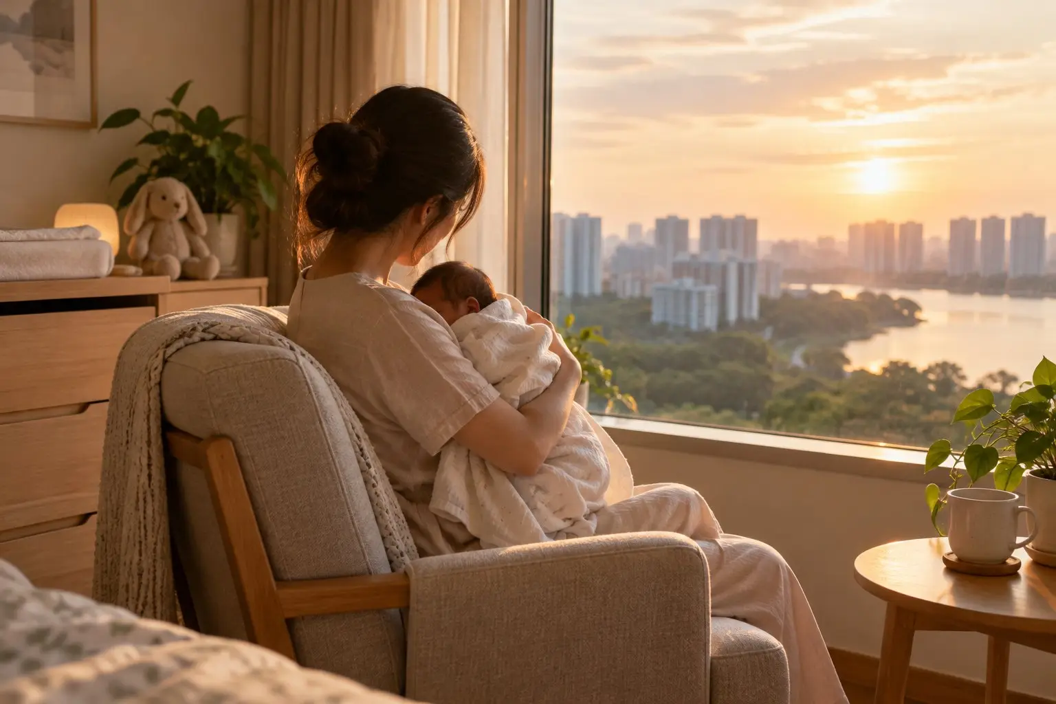 A parent cradling a newborn beside a sunlit window at home