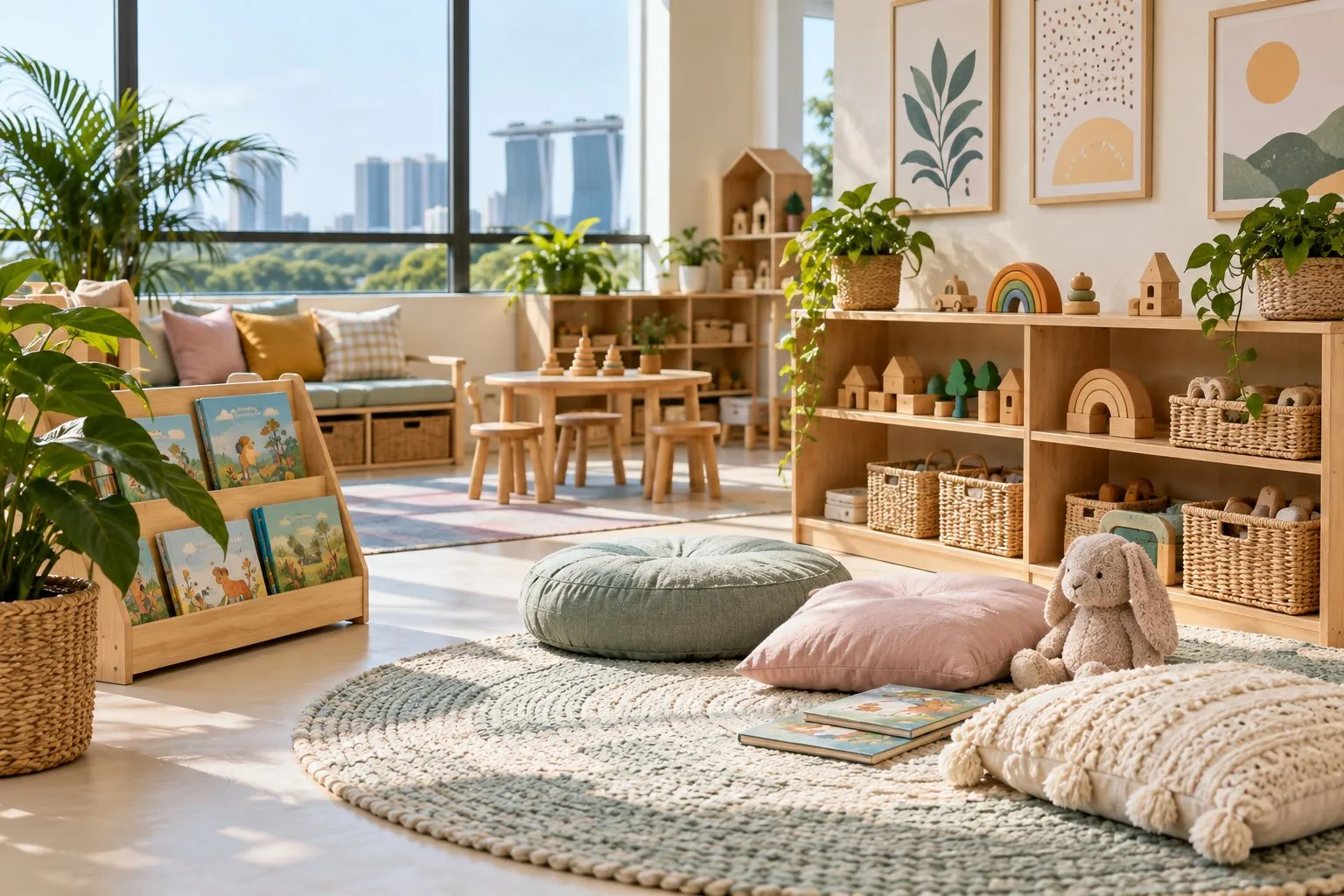 A bright, tidy preschool classroom corner with wooden shelves and baskets of toys