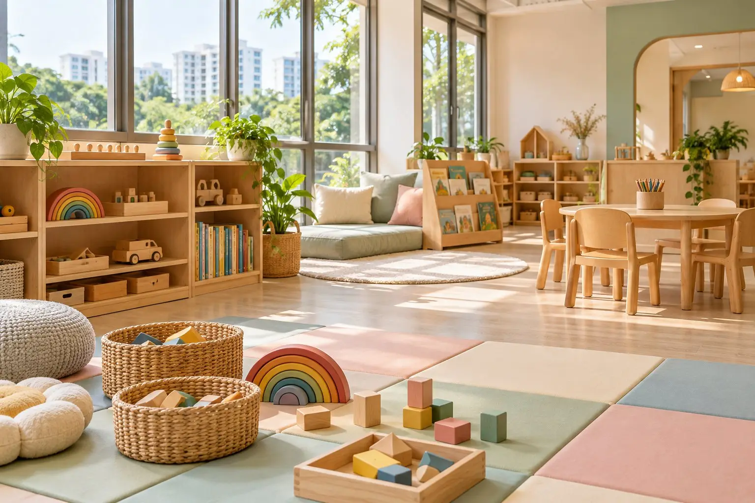 A bright, tidy childcare playroom with wooden shelves and toy baskets, no children present