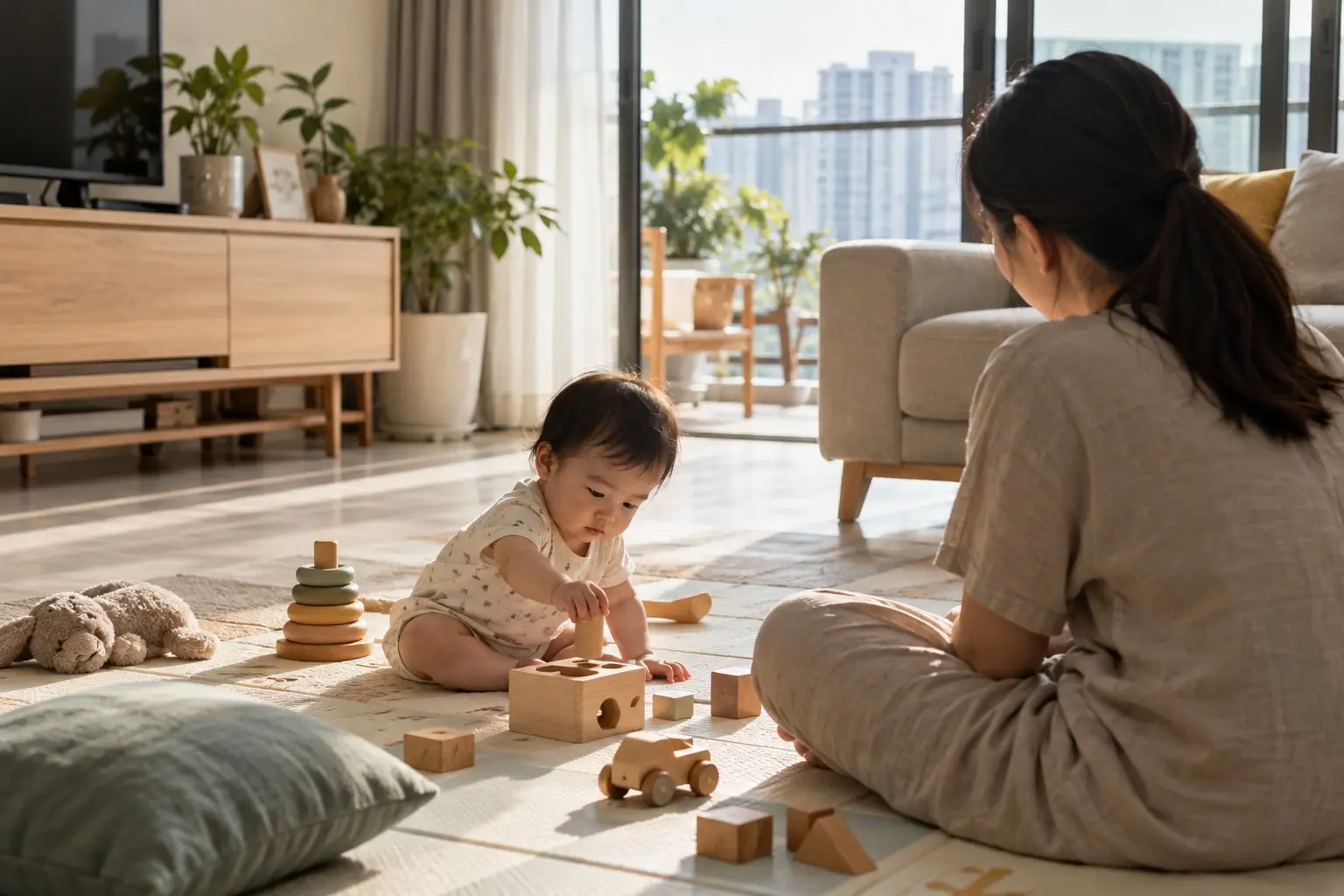 A baby playing with wooden toys on a mat while an adult sits close by at home