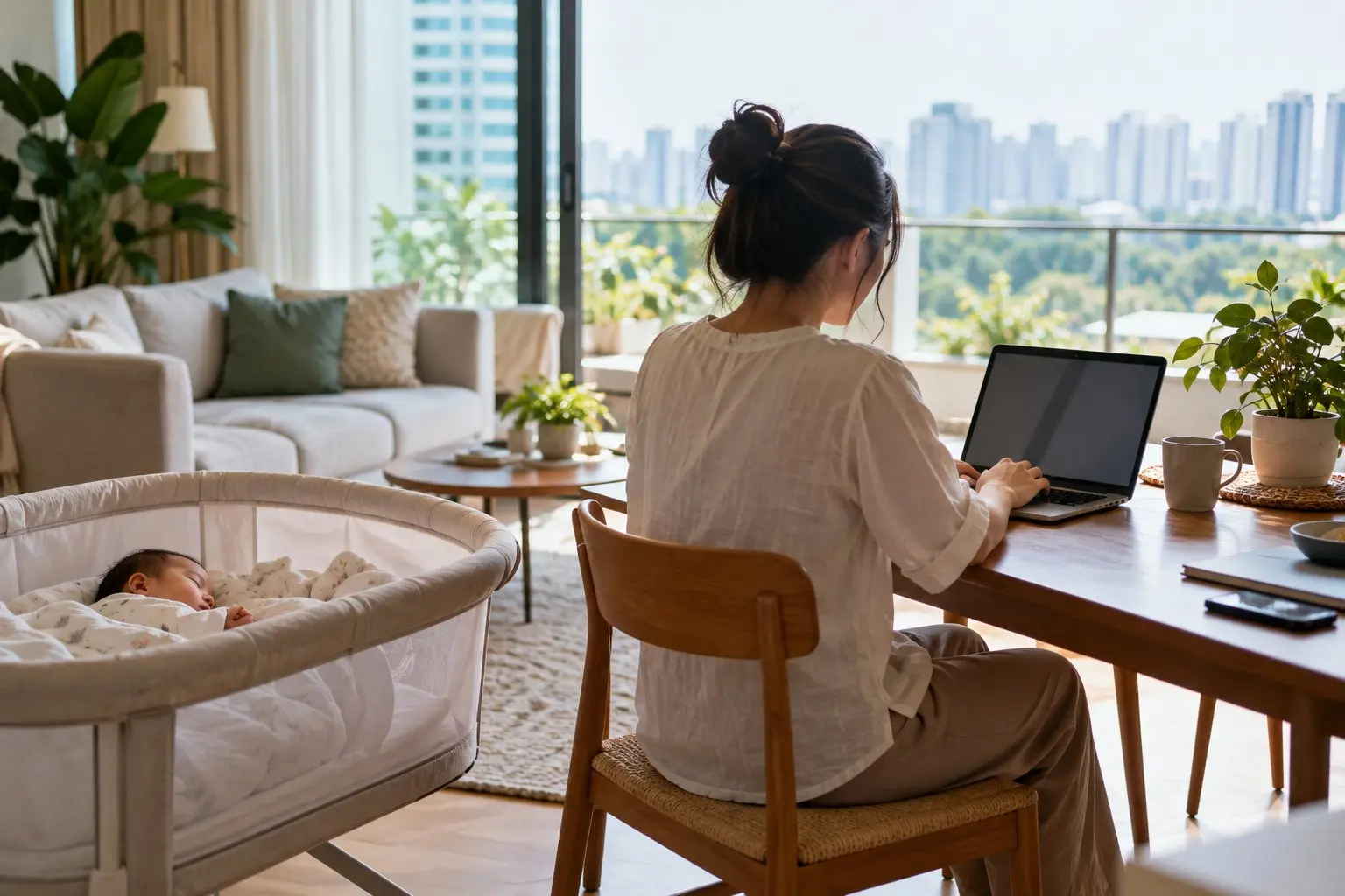 A parent at a laptop at home with a baby resting in a bassinet nearby