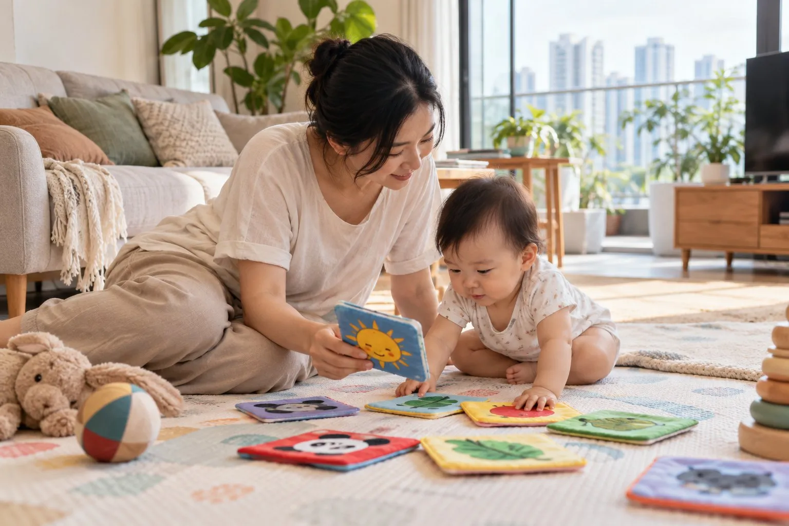 A parent and a baby playing with colourful picture cards on a playmat at home