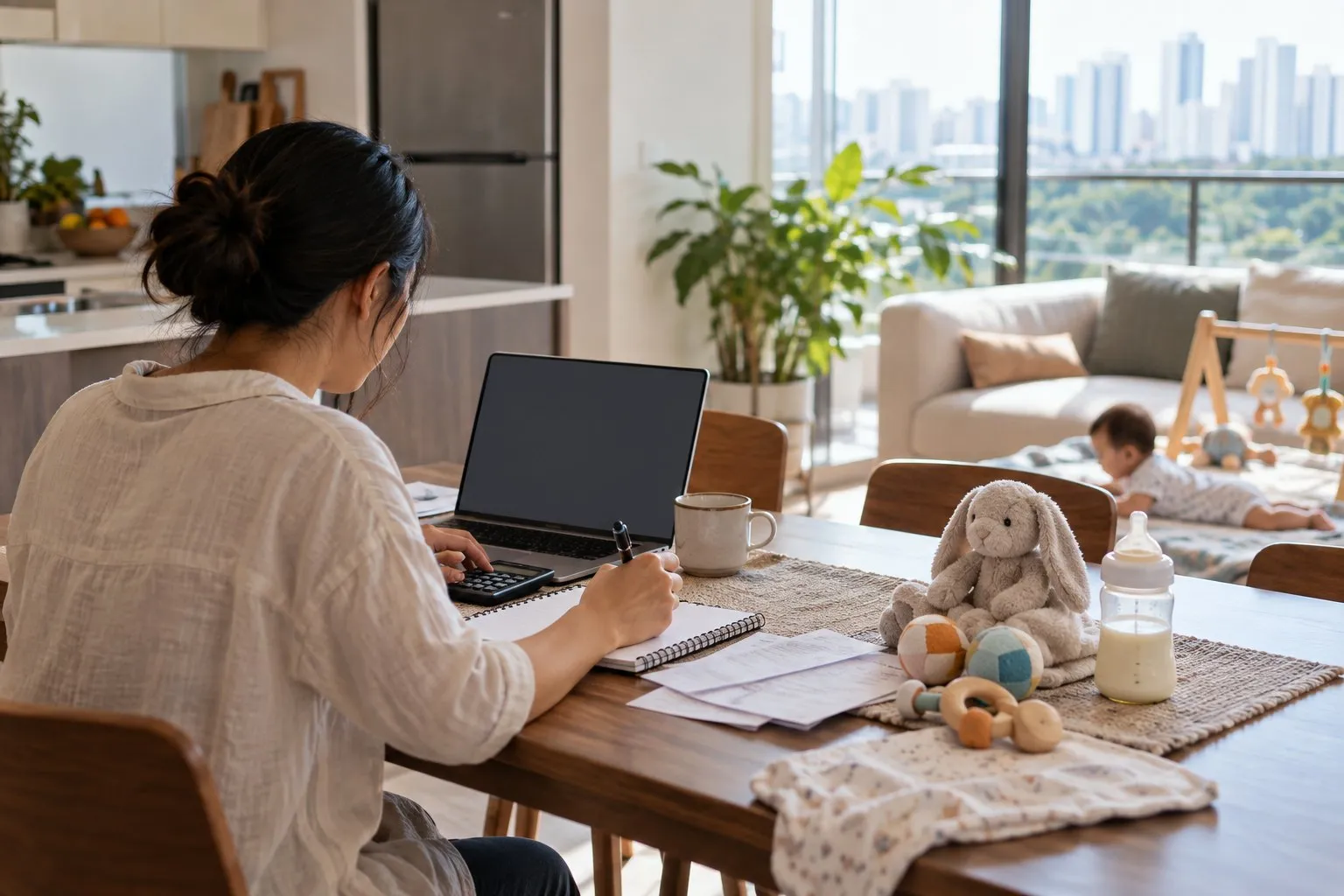 A parent planning a family budget on a laptop at a kitchen table with baby toys nearby
