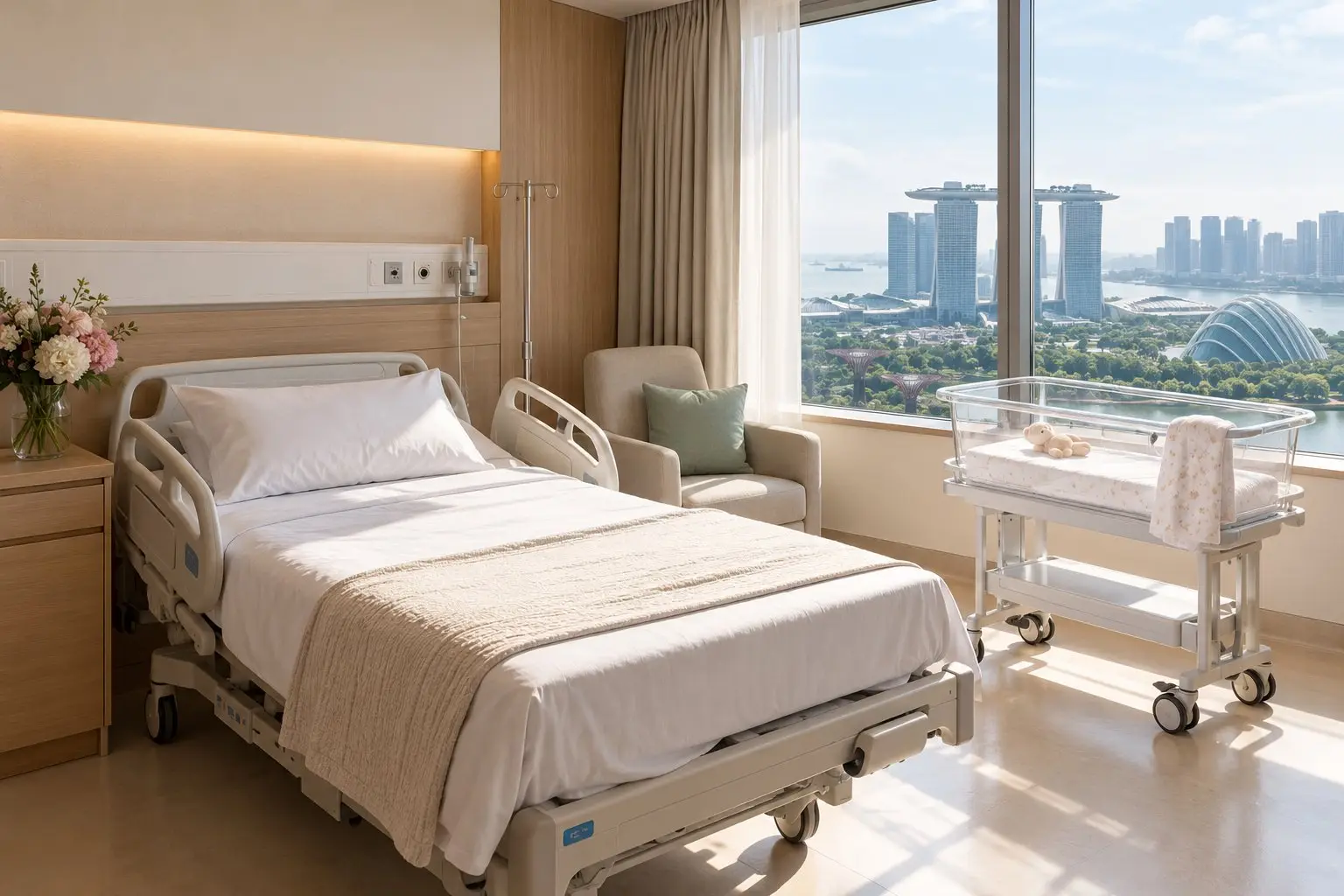 A tidy, sunlit maternity ward room with a bed and a bassinet by the window